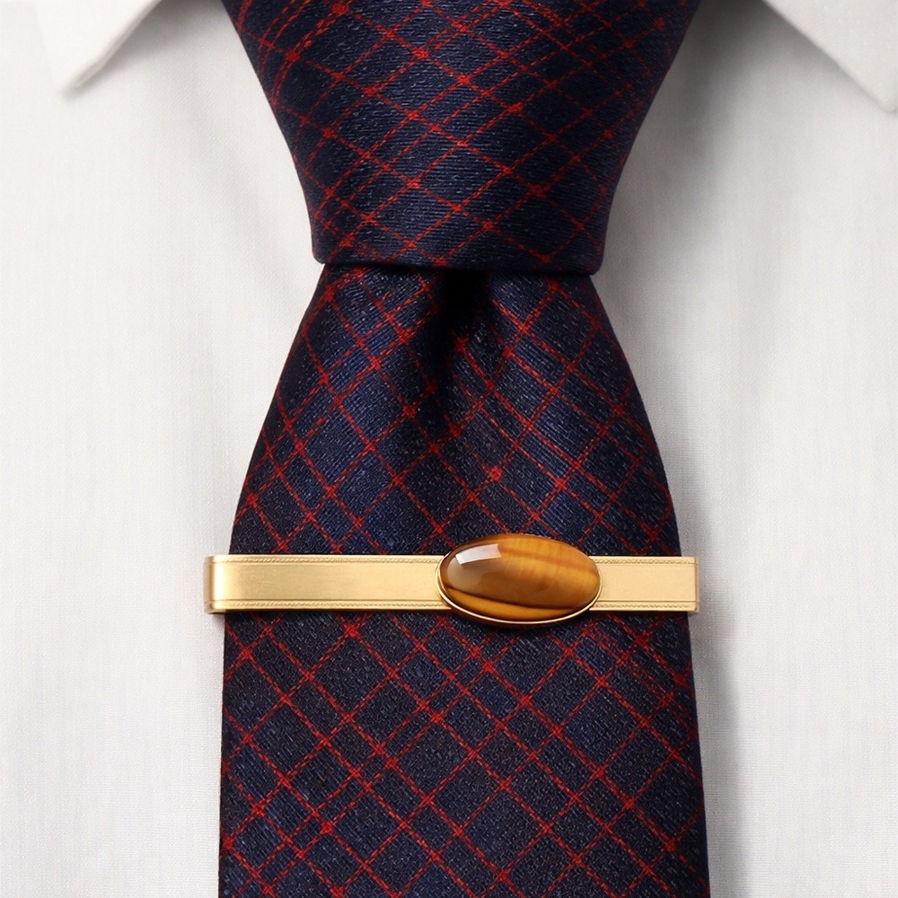 Vintage ANSON 12K GF Tiger Eye Tie Clip Bar Cabochon Stone‎ 2.5 Inch Mid Century